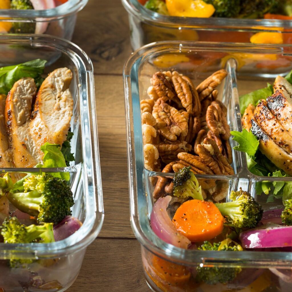 Fall Meal Prep Ideas - Chicken, Nuts and Brocoli in Glass Box